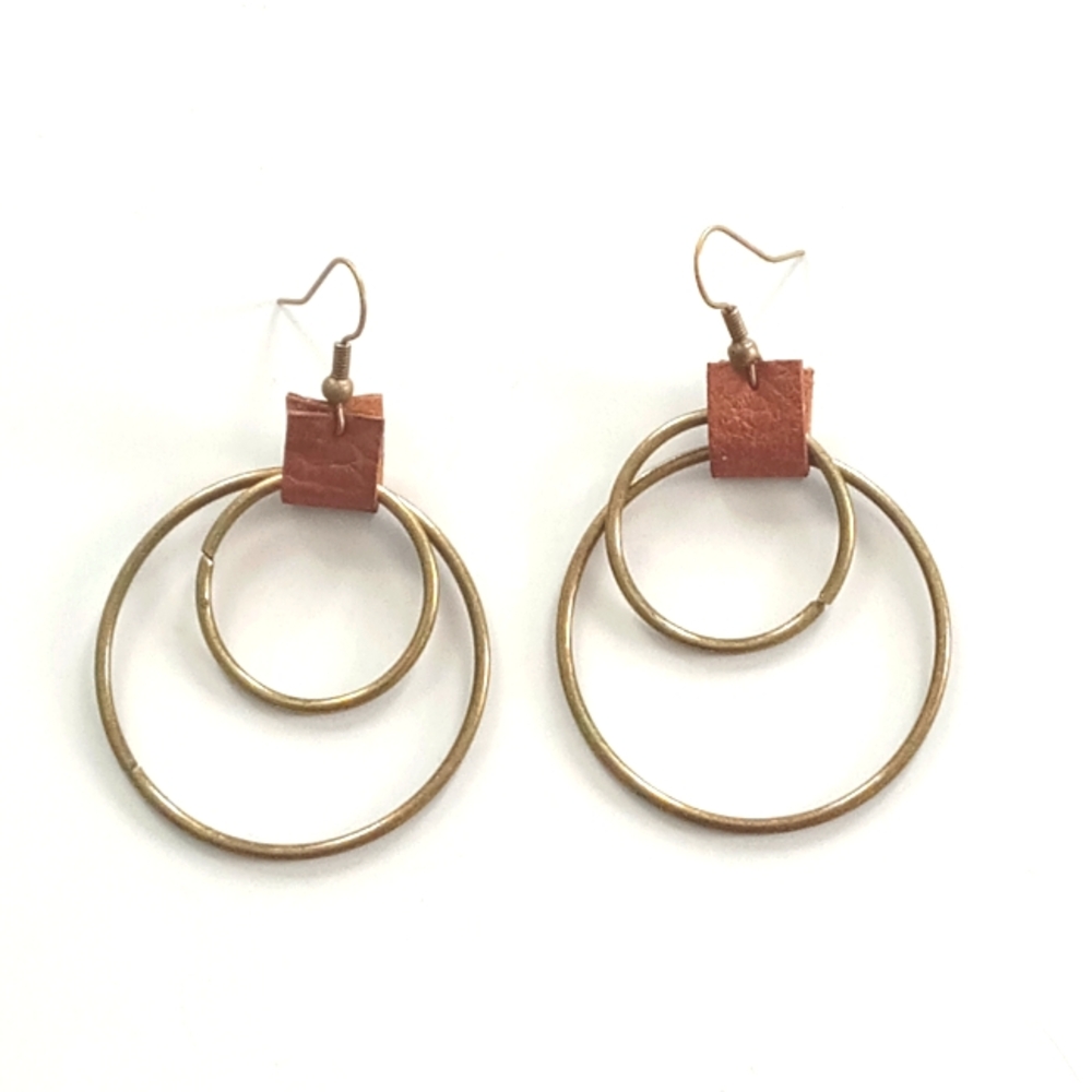 NWOT Boho Double Hoop Earrings, Faux Gold & Faux Leather Accent, Costume Jewelry